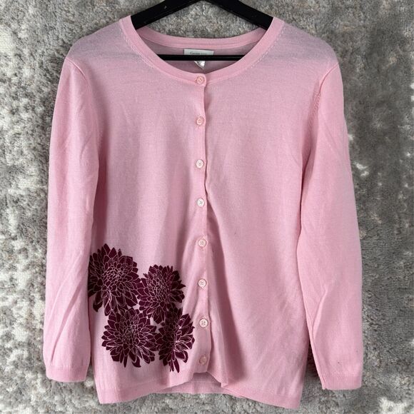 Garnet Hill Sz M Soft Pink 100% Merino Wool Floral Button Cardigan Sweater Light - Picture 1 of 9